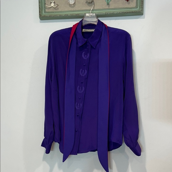 Vintage yves st Clair 2 Deep Purple Button Down Shirt & skinny neck scarf 16 w - Picture 10 of 10